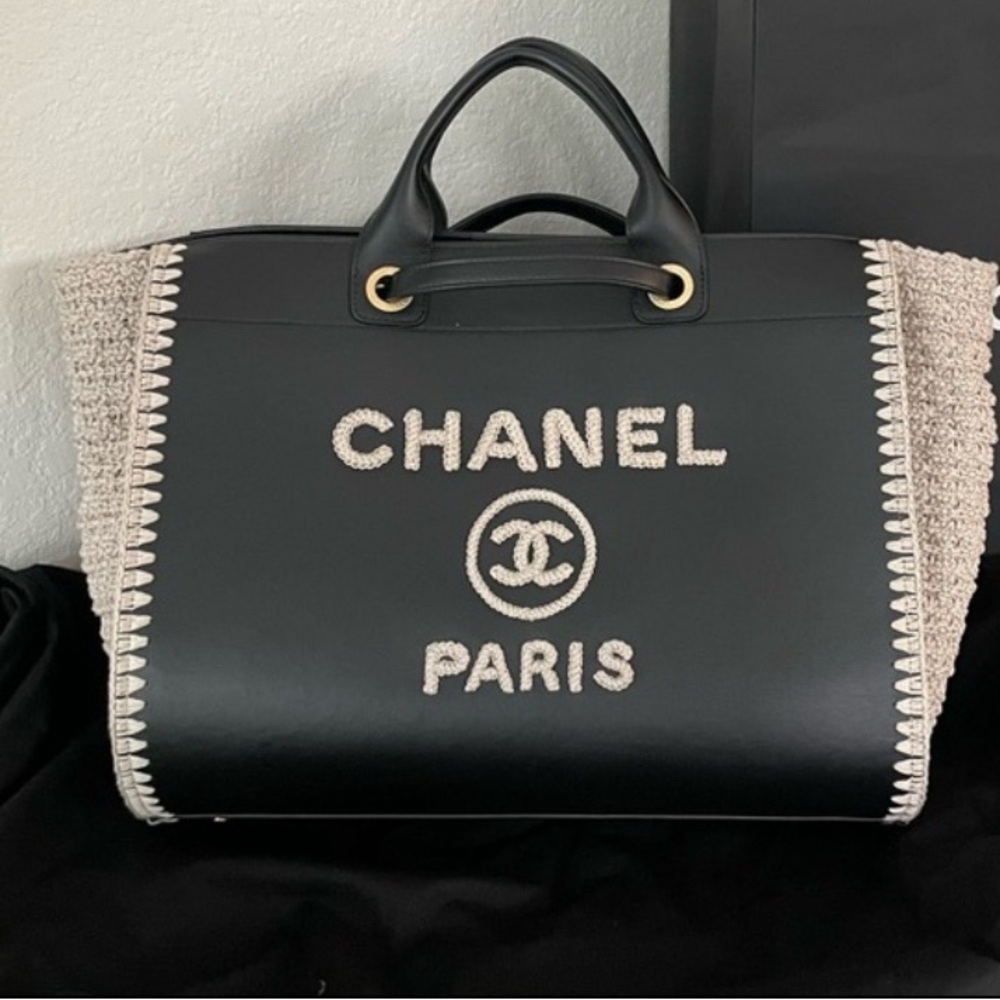 CHANEL Deauville Black Leather with Beige Crochet Tote